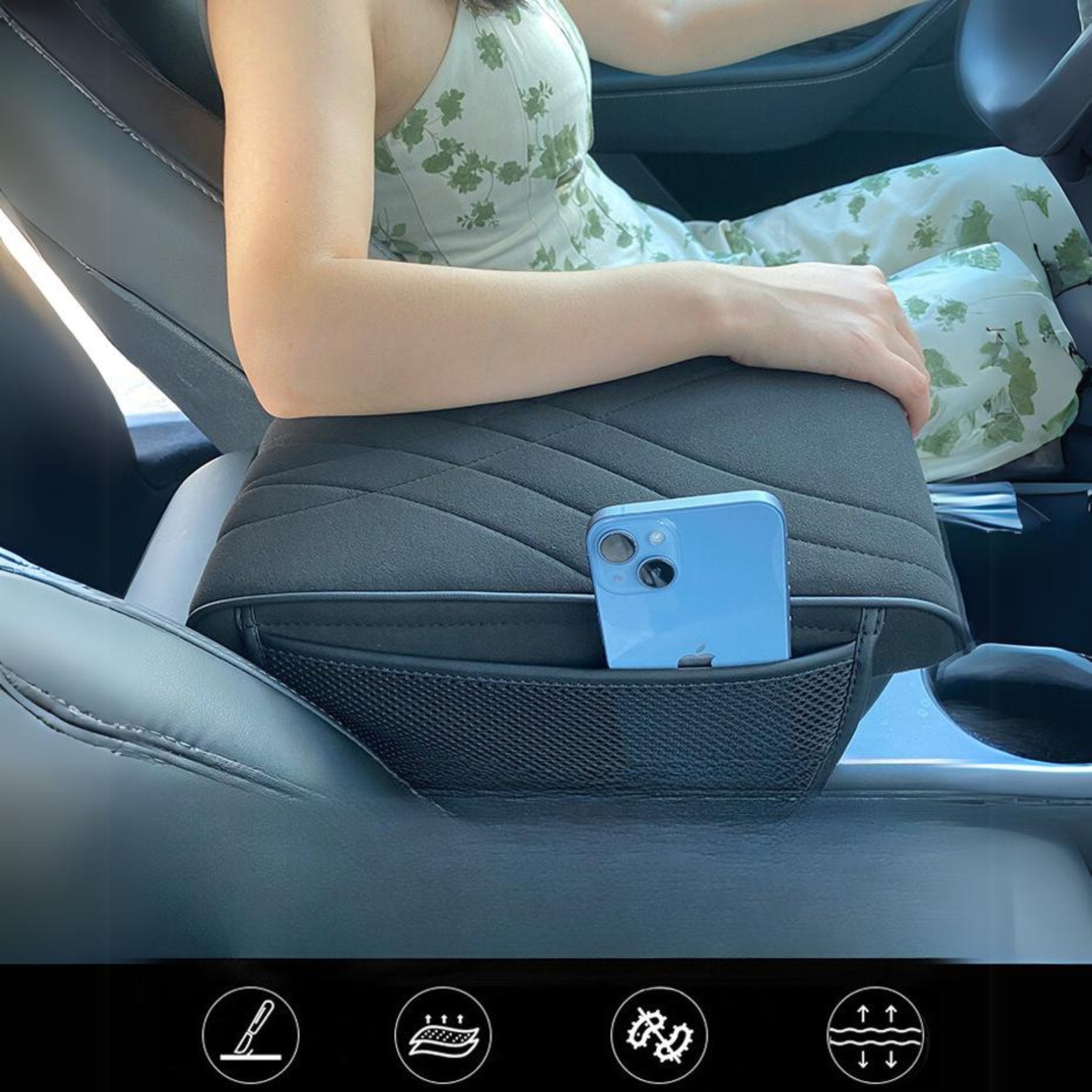 Car Armrest Cushion Pad With Transparent Pocket - Home Essentials Store