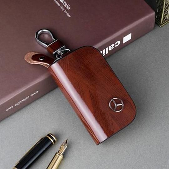 Car Logo Leather Wood Texture Car Key Case Brown / Mercedes