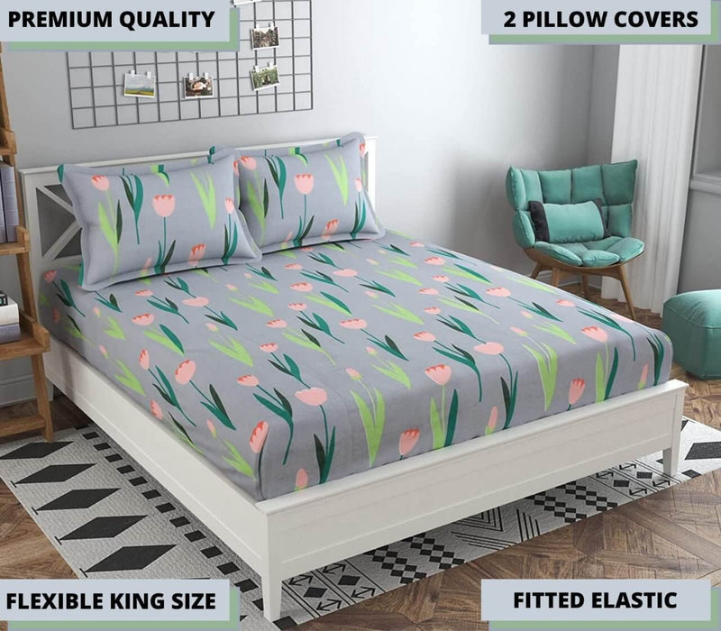 Cotton Elastic Fitted Double Bedsheet King Size with 2 Pillow Covers (fits any beds & mattresses) - Home Essentials Store Retail
