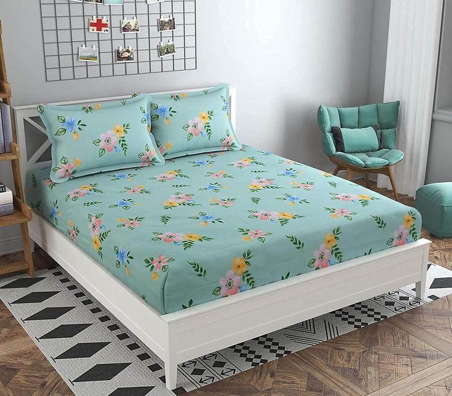Floral Green - Cotton Elastic Fitted Double Bedsheet King Size with 2 Pillow Covers - Home Essentials Store Retail