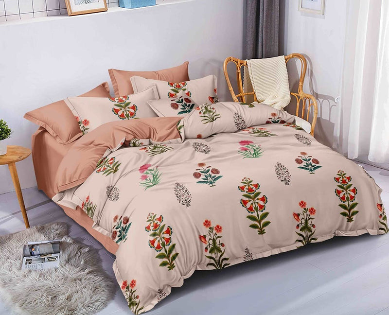 Peach Plant - Cotton Elastic Fitted Double Bedsheet King Size with 2 Pillow Covers - Home Essentials Store Retail