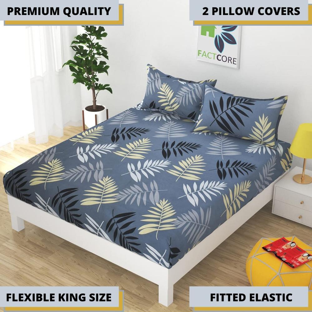 Rich Blue - Cotton Elastic Fitted Double Bedsheet King Size with 2 Pillow Covers - Home Essentials Store Retail
